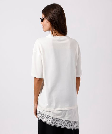 camiseta alongada feminina de algodão com renda mindset off white