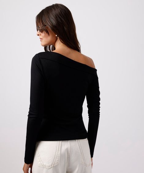 blusa feminina com viscose ombro a ombro manga longa mindset preta