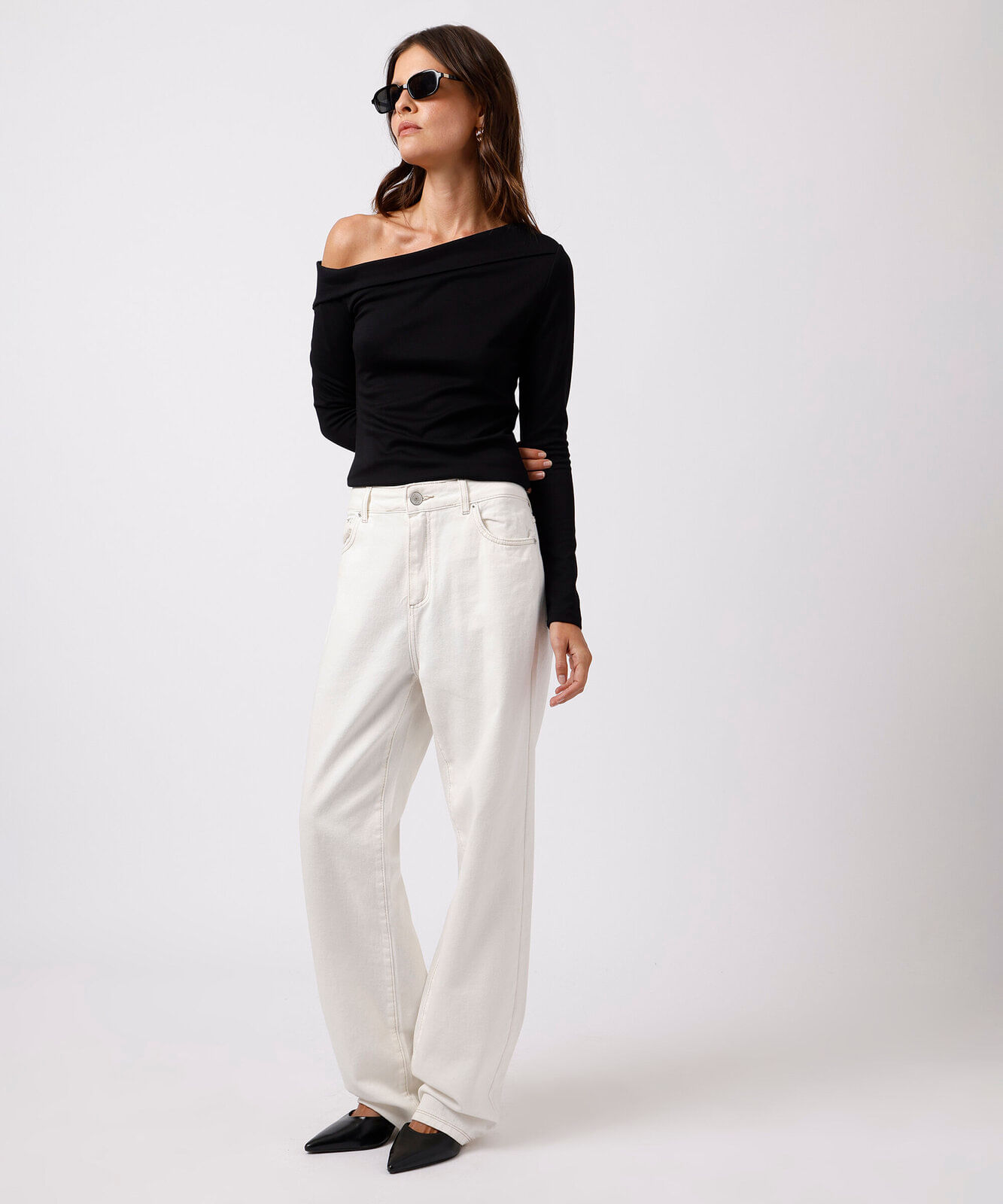 blusa feminina com viscose ombro a ombro manga longa mindset preta