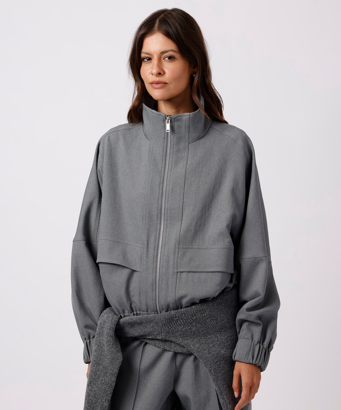 jaqueta bomber feminina gola funnel neck mindset cinza