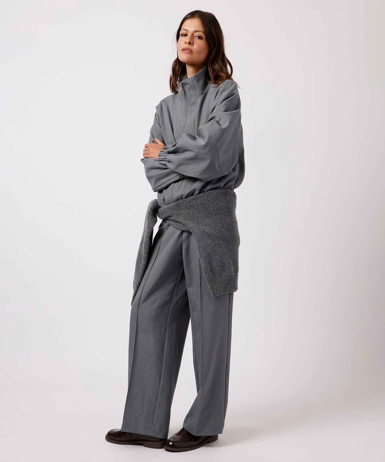 jaqueta bomber feminina gola funnel neck mindset cinza