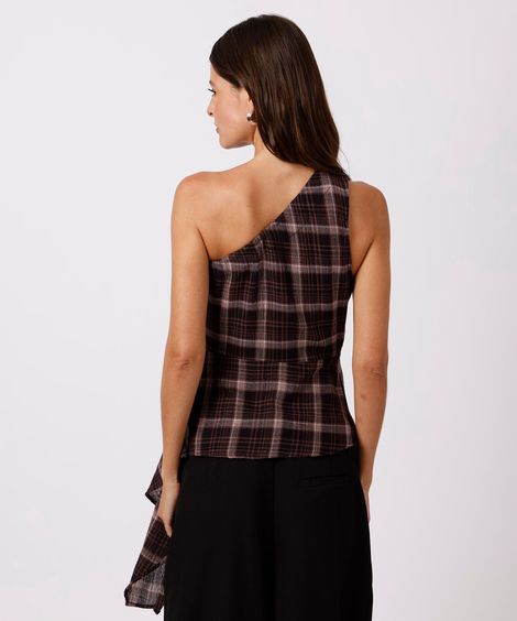 blusa peplum ombro único feminina xadrez mindset vinho