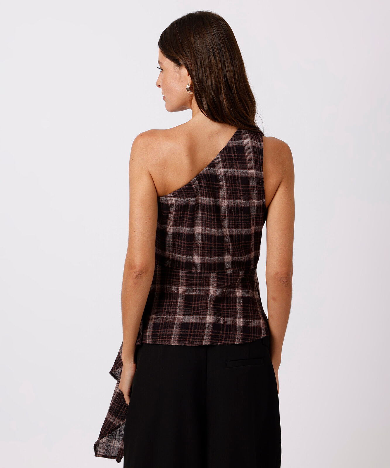 blusa peplum ombro único feminina xadrez mindset vinho