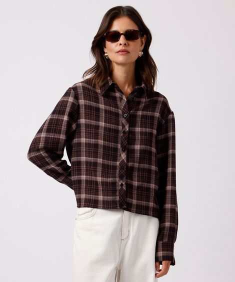 camisa oversized feminina manga longa xadrez mindset vinho