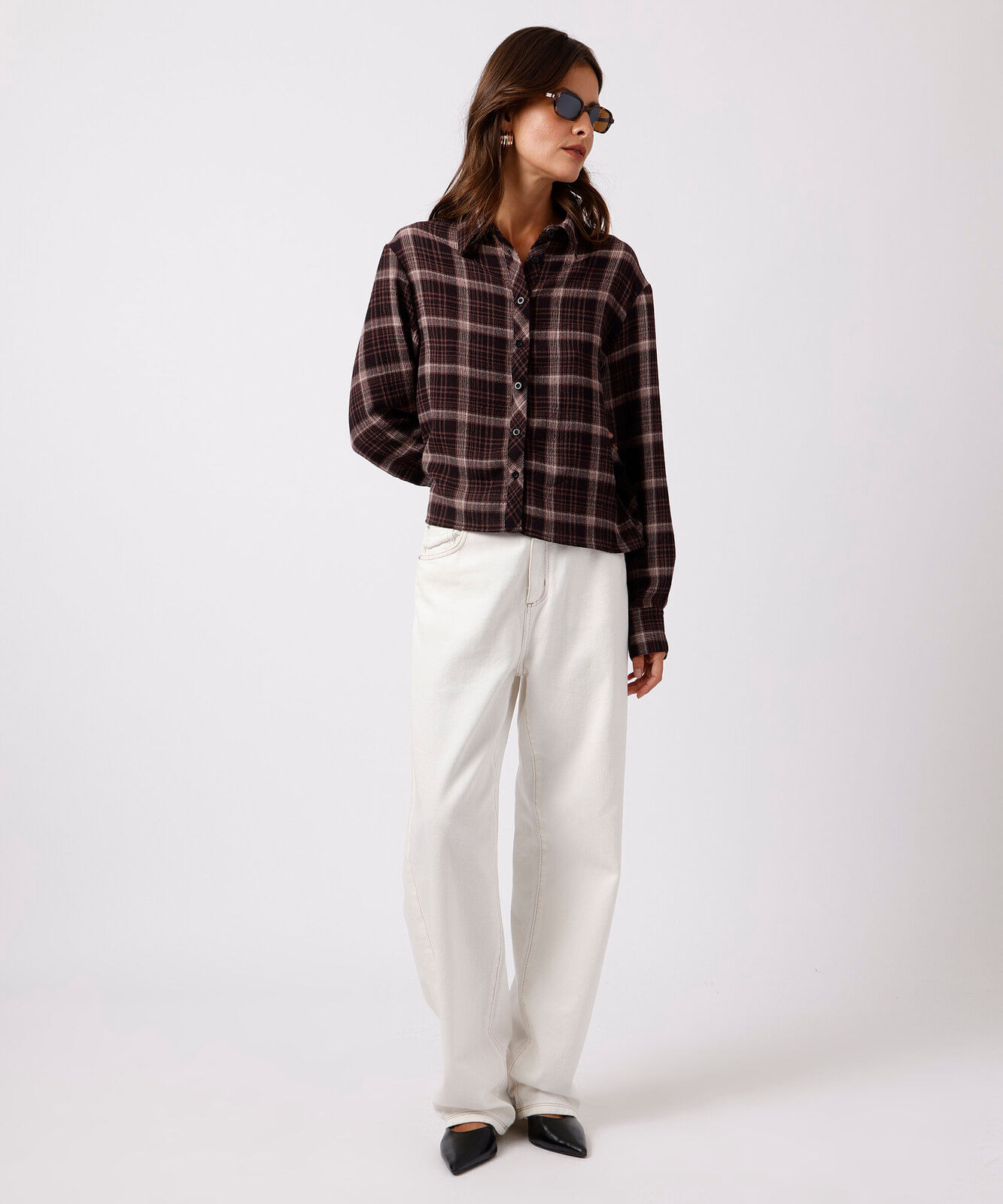 camisa oversized feminina manga longa xadrez mindset vinho