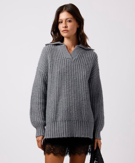 polo oversized feminina de tricot mindset cinza