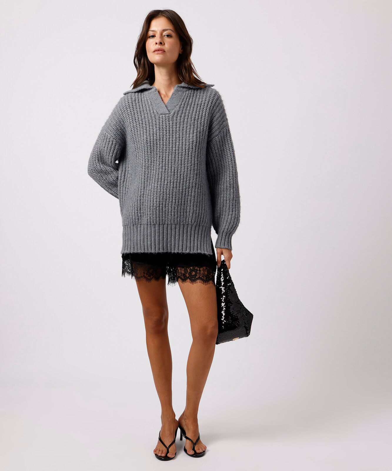 polo oversized feminina de tricot mindset cinza