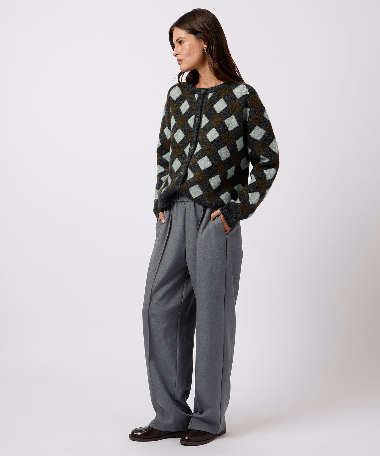 cardigan feminino de tricot geométrico mindset colorido