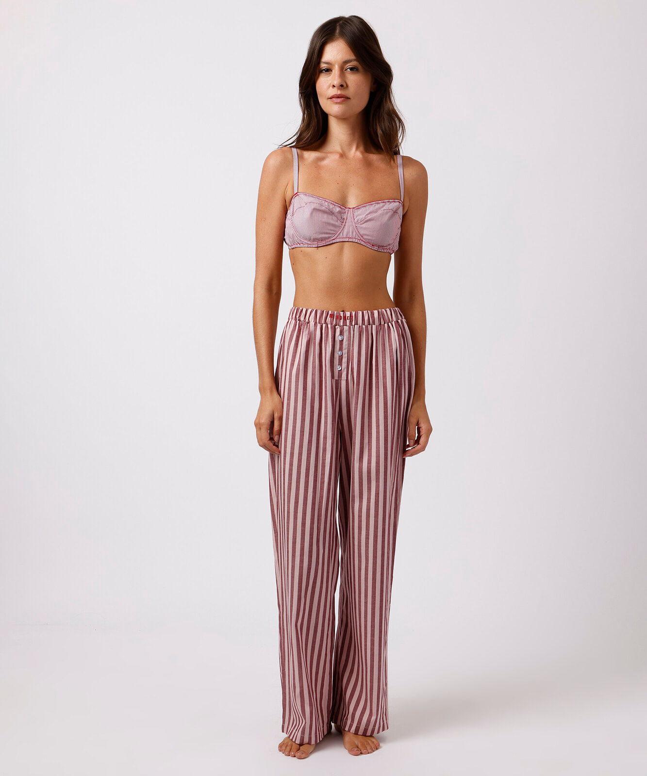 calça de pijama avulsa feminina de algodão listrada mindset vinho