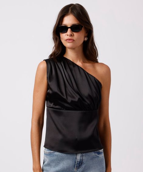 blusa ombro único feminina acetinada mindset preta