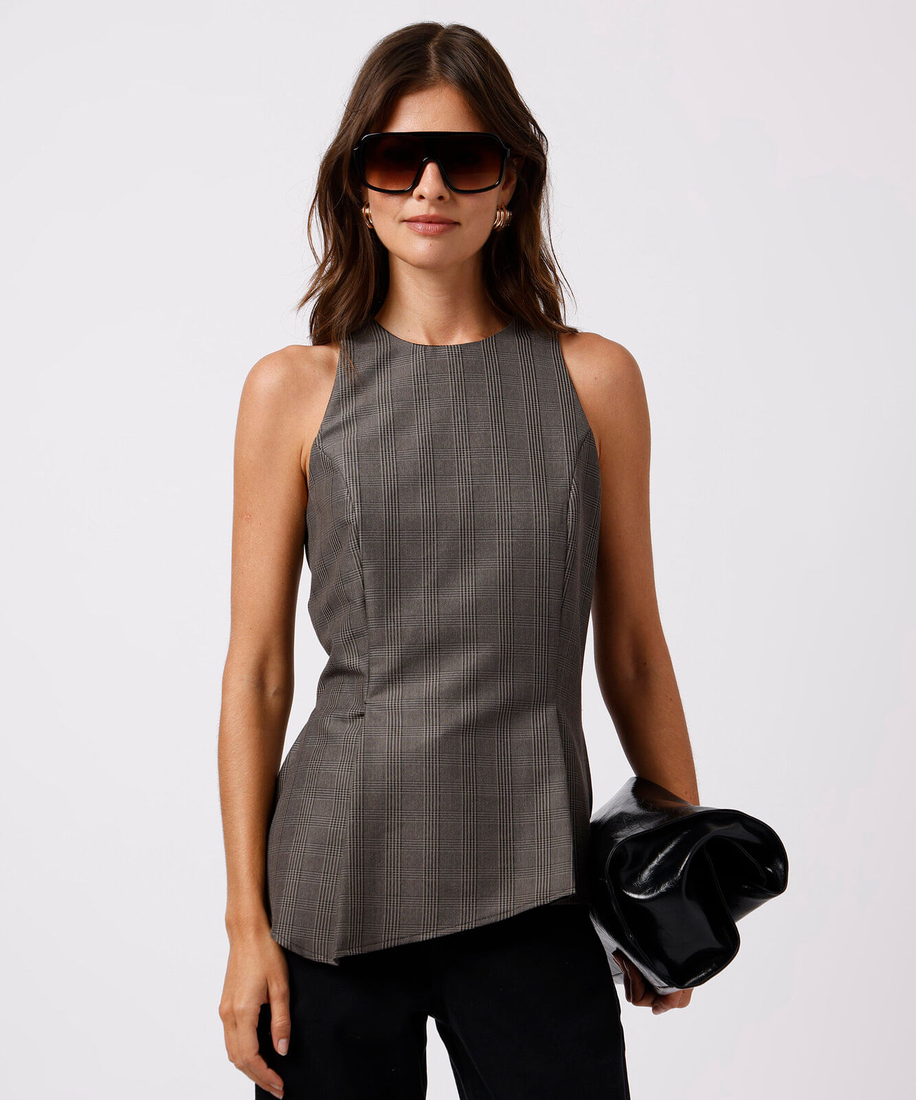 blusa peplum feminina de alfaiataria xadrez mindset cinza