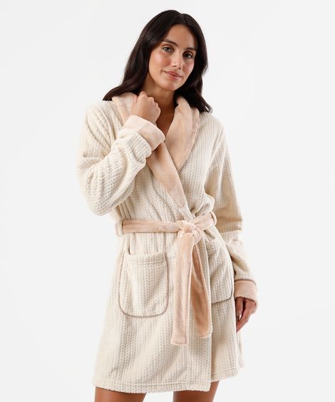 roupão feminino de fleece texturizado bege