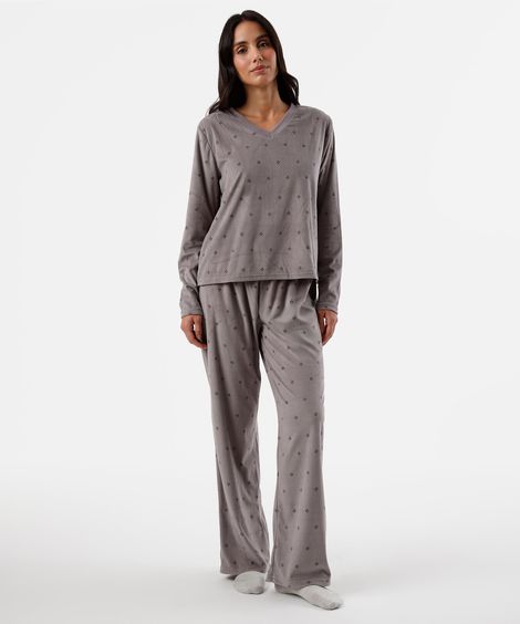 pijama longo feminino manga longa estampado cinza