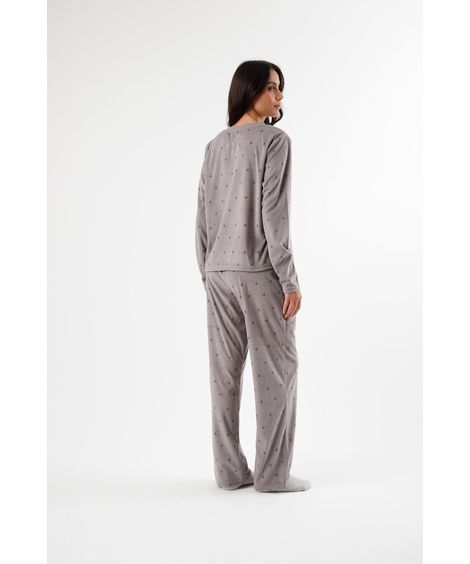 pijama longo feminino manga longa estampado cinza