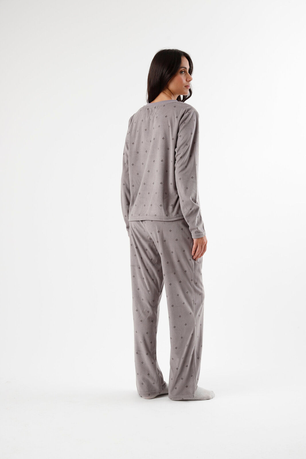 pijama longo feminino manga longa estampado cinza