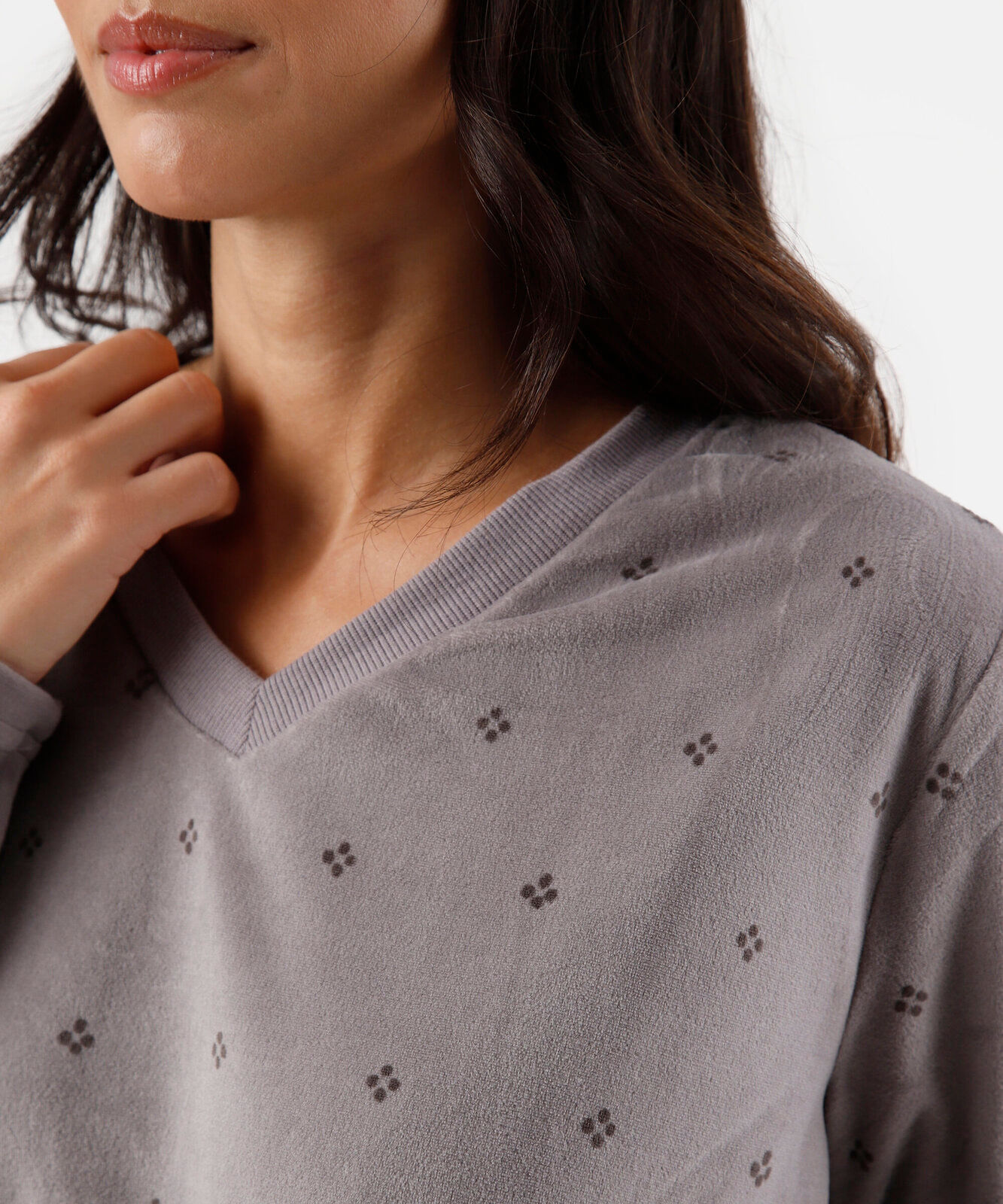 pijama longo feminino manga longa estampado cinza