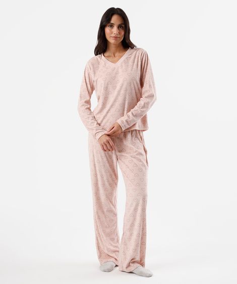 pijama longo feminino manga longa estampado rosa