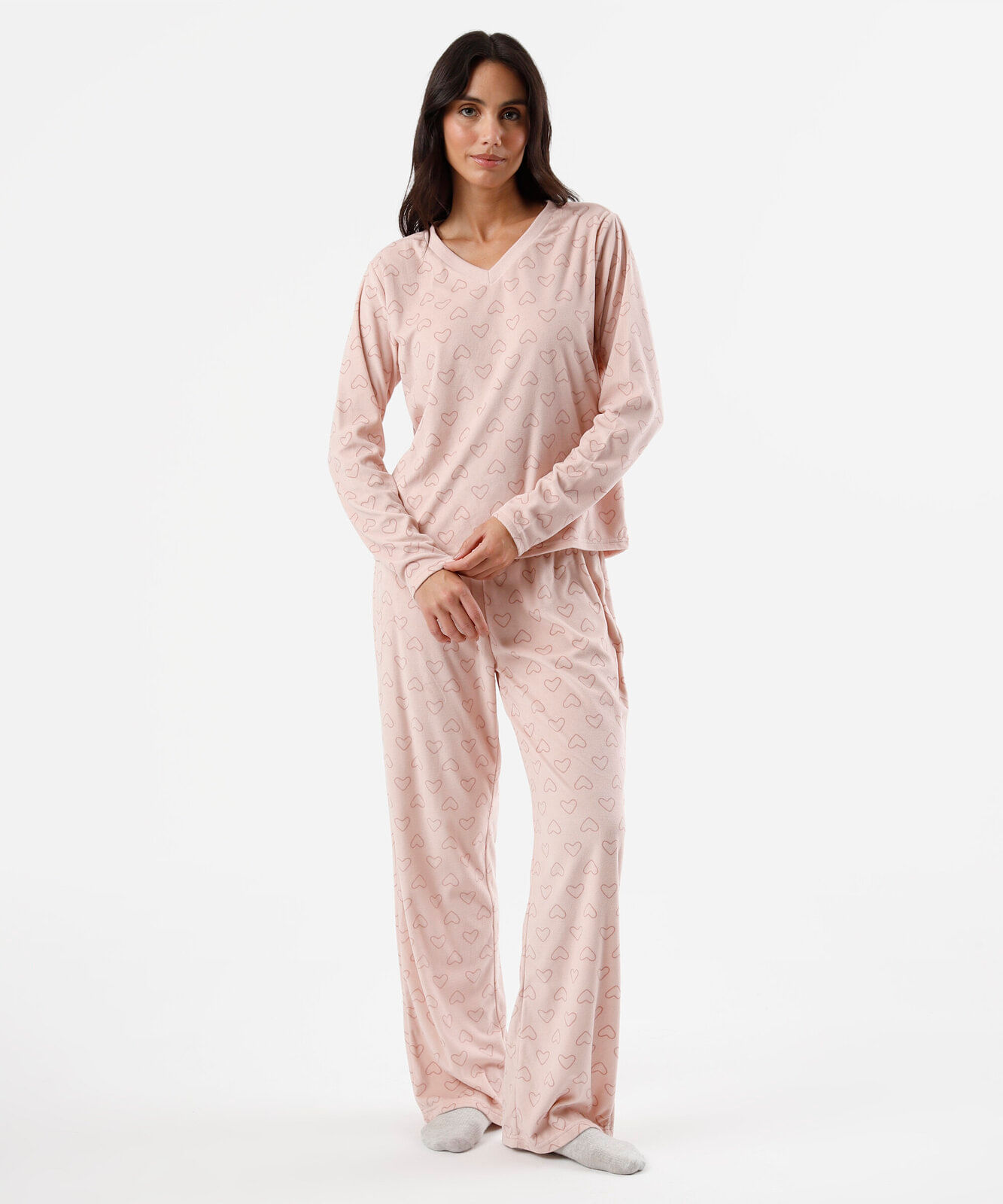 pijama longo feminino manga longa estampado rosa