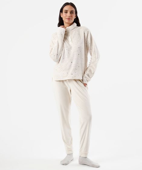 pijama longo feminino com fleece texturizado bege