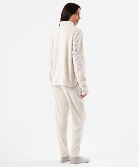 pijama longo feminino com fleece texturizado bege
