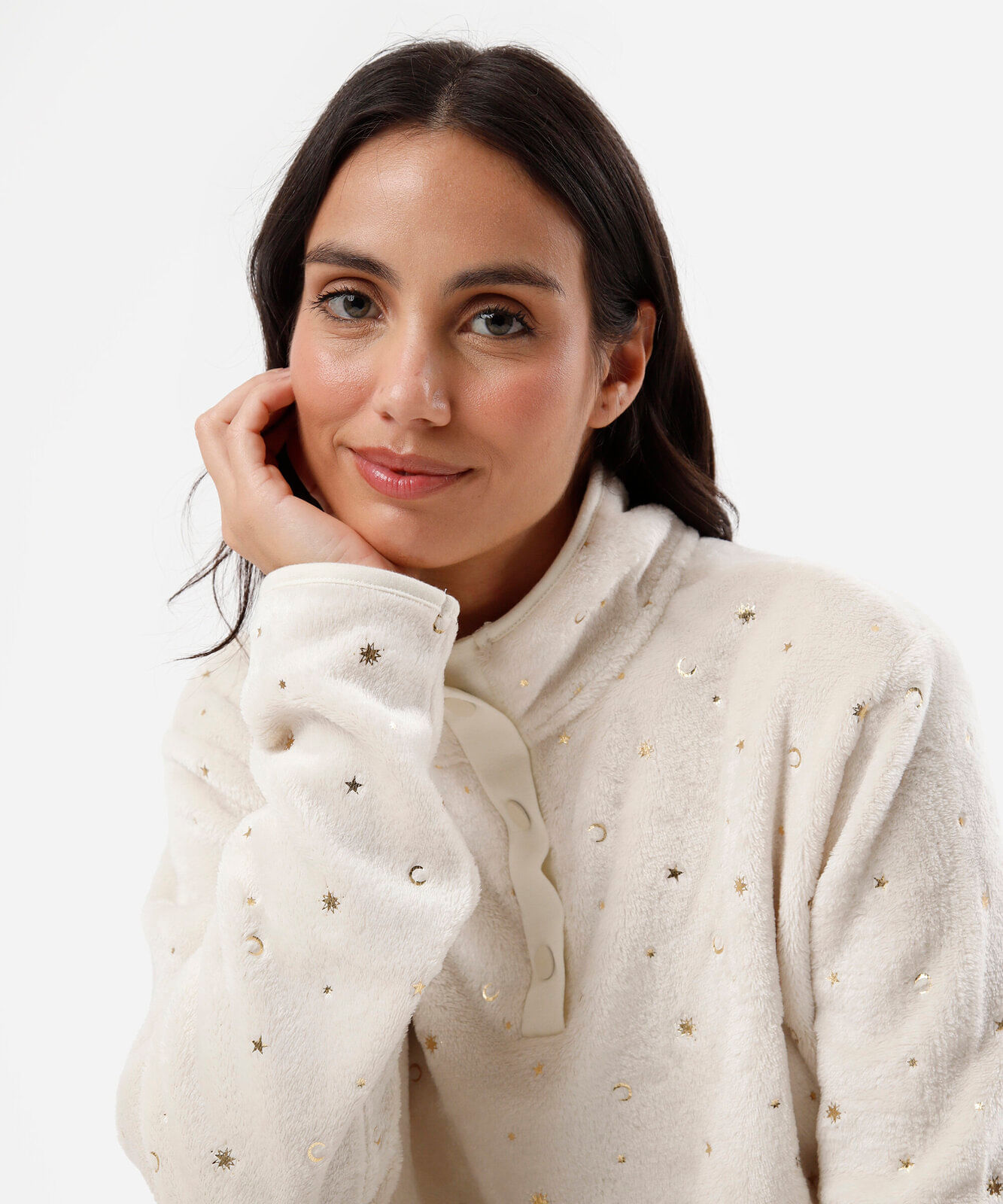 pijama longo feminino com fleece texturizado bege