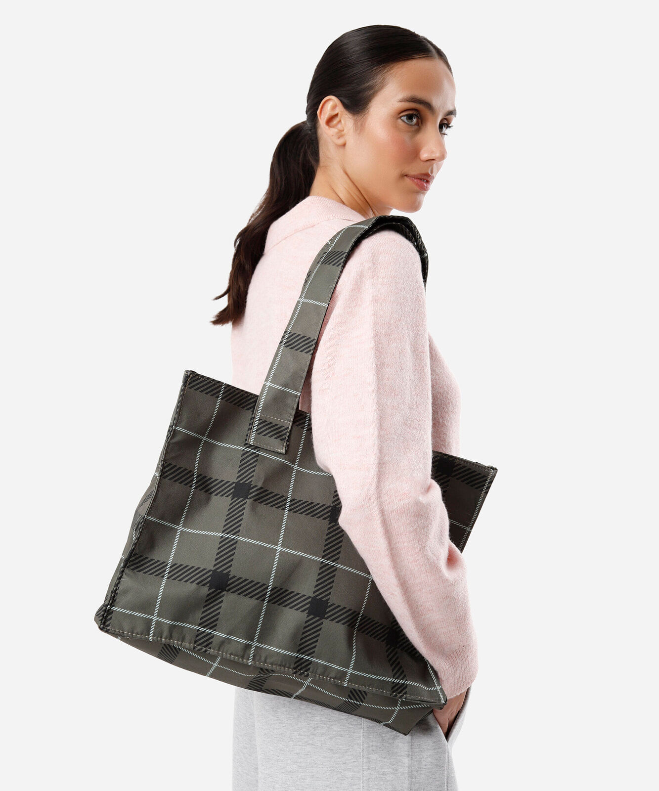 bolsa tote estampada xadrez verde