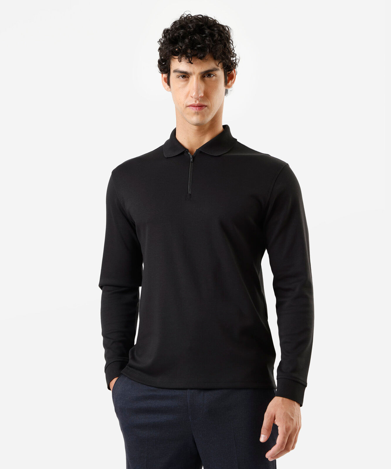 polo masculina de algodão com zíper manga longa preta
