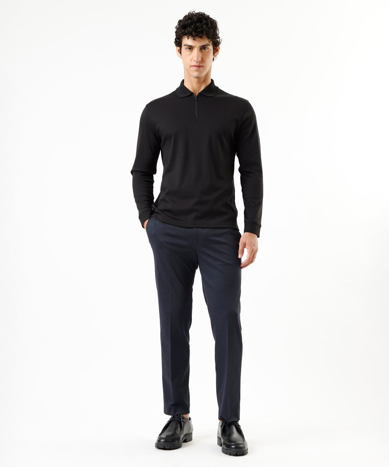 polo masculina de algodão com zíper manga longa preta