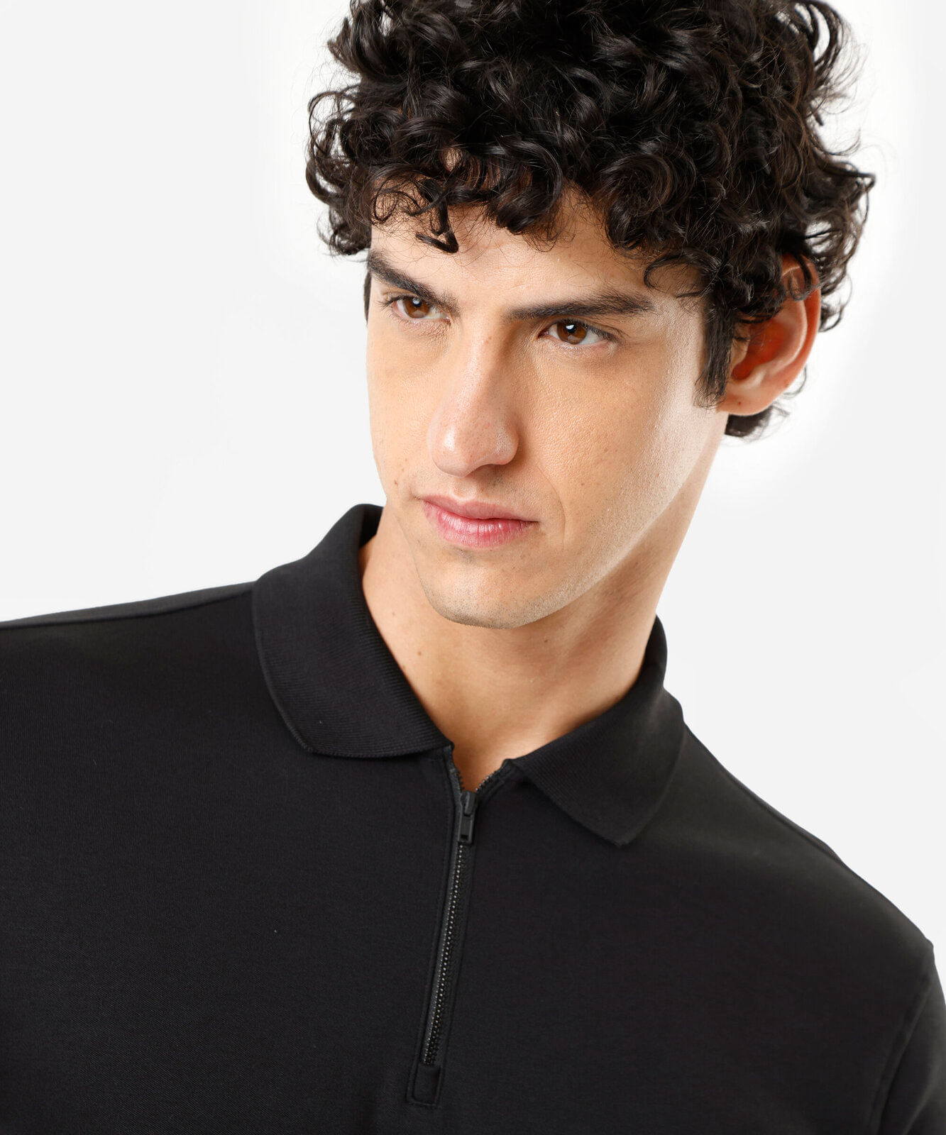 polo masculina de algodão com zíper manga longa preta