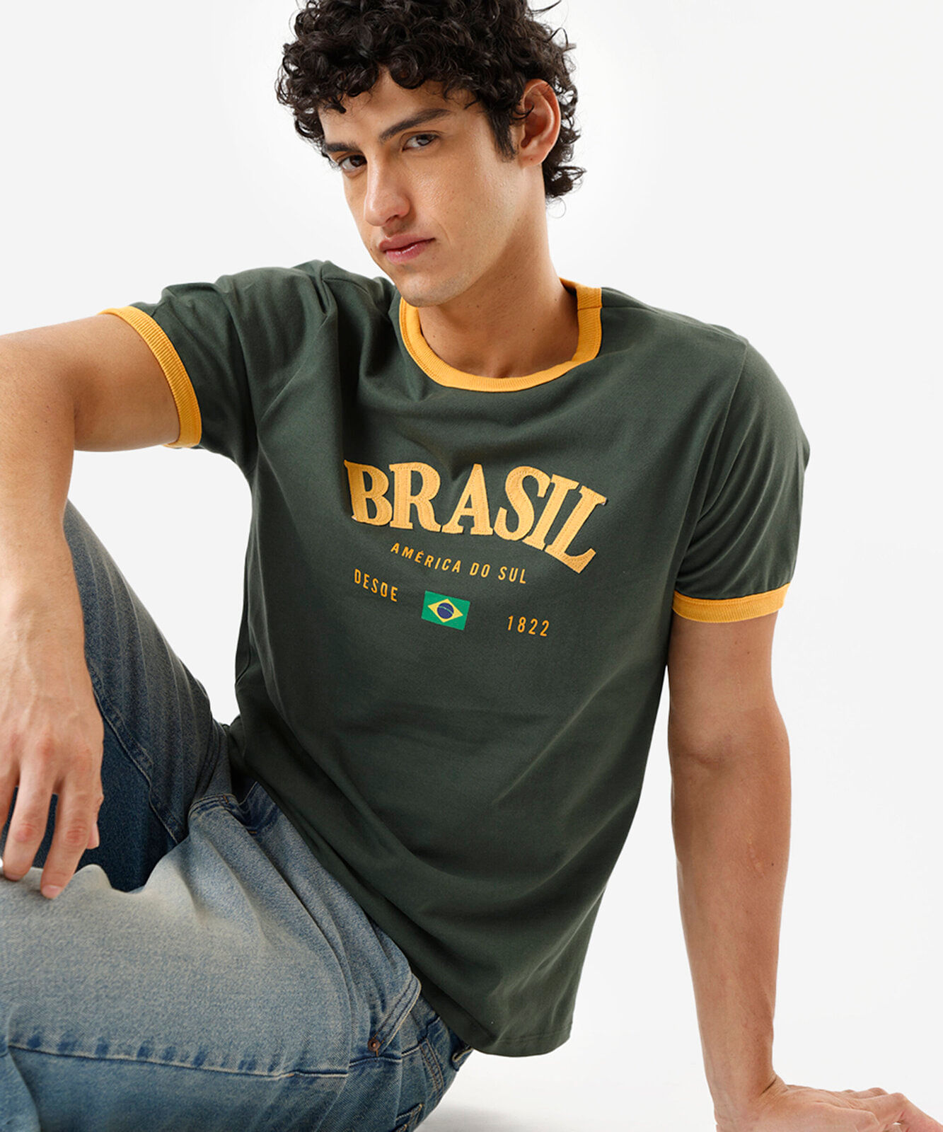 camiseta masculina de algodão brasil bicolor verde