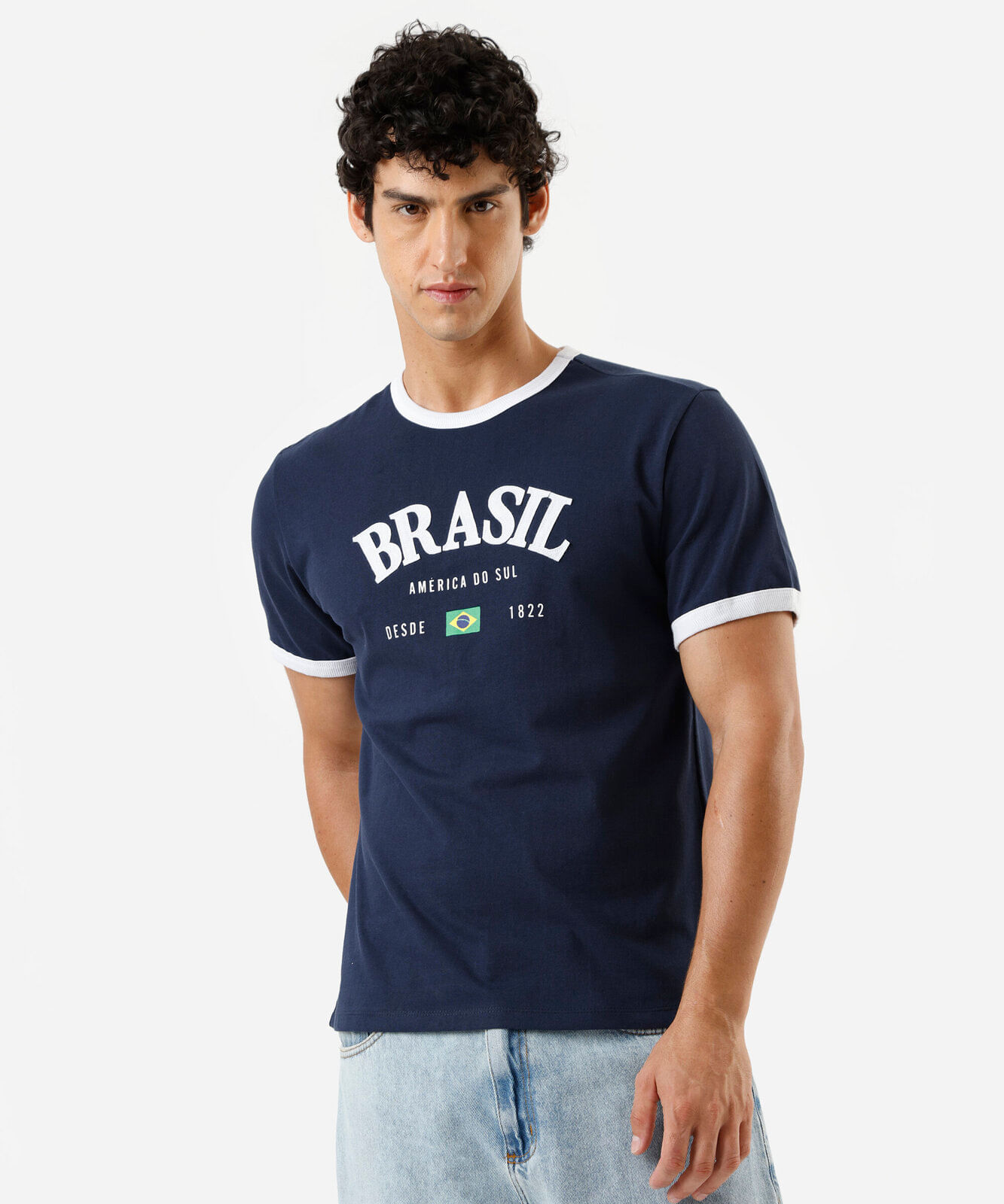 camiseta masculina de algodão brasil bicolor azul