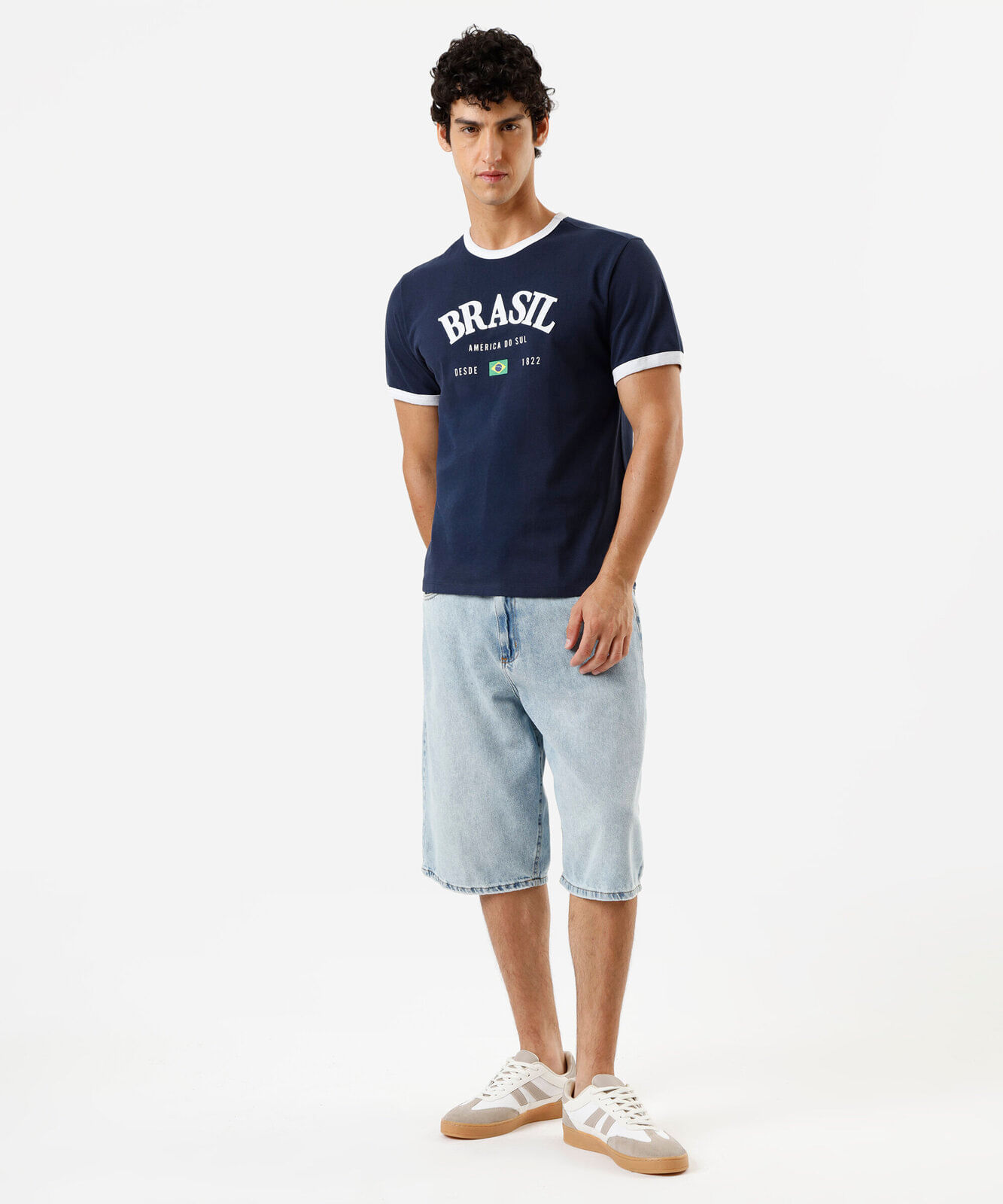 camiseta masculina de algodão brasil bicolor azul