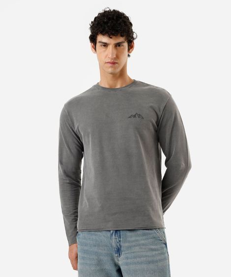 camiseta masculina de algodão manga longa estonada cinza