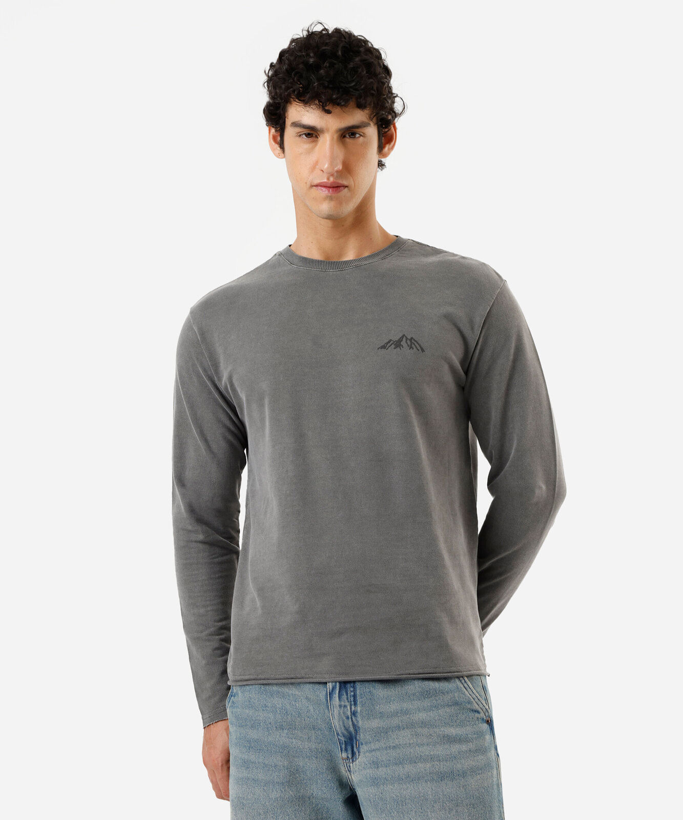camiseta masculina de algodão manga longa estonada cinza