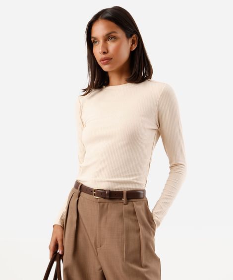 blusa feminina de viscose manga longa canelada bege
