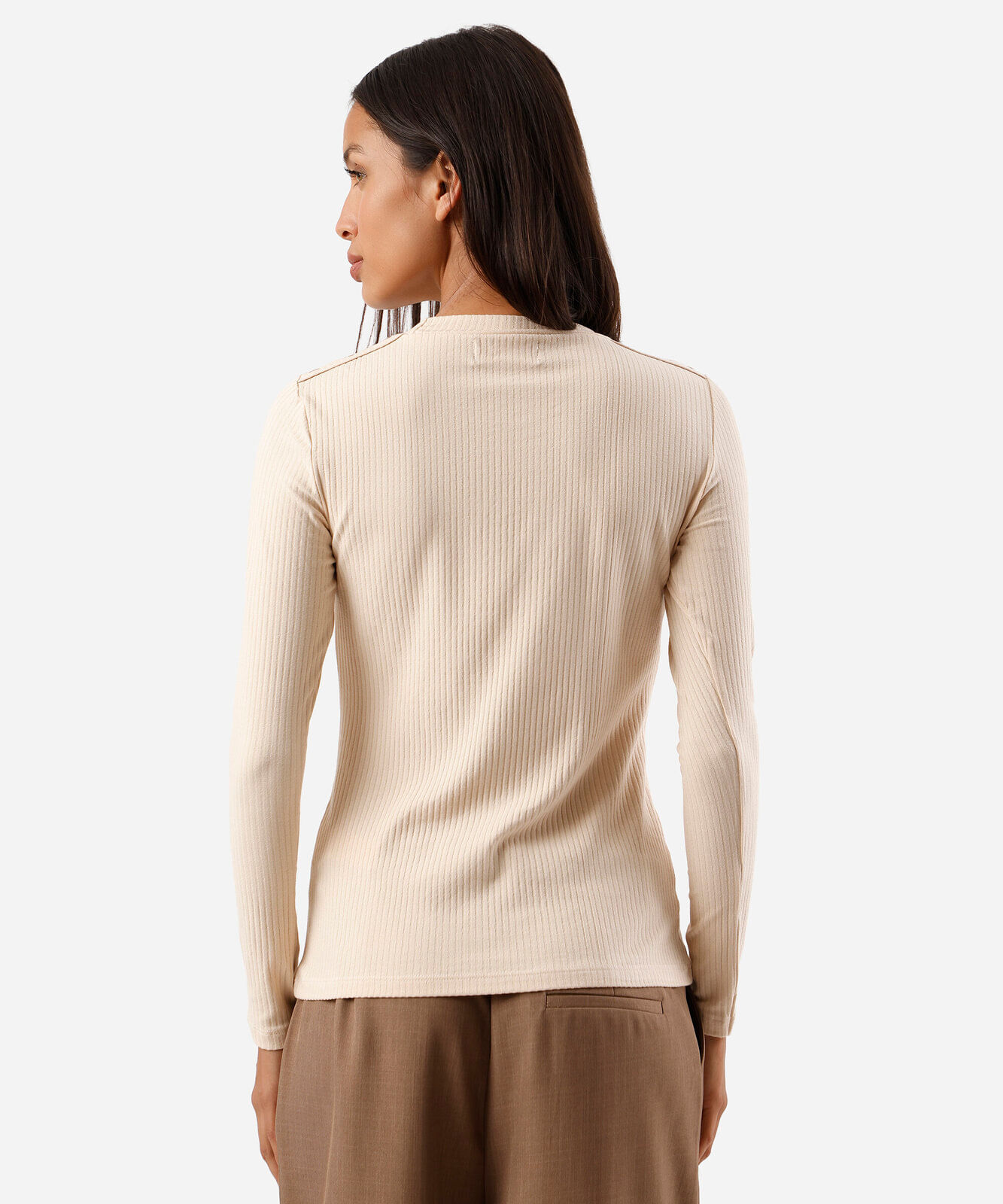 blusa feminina de viscose manga longa canelada bege
