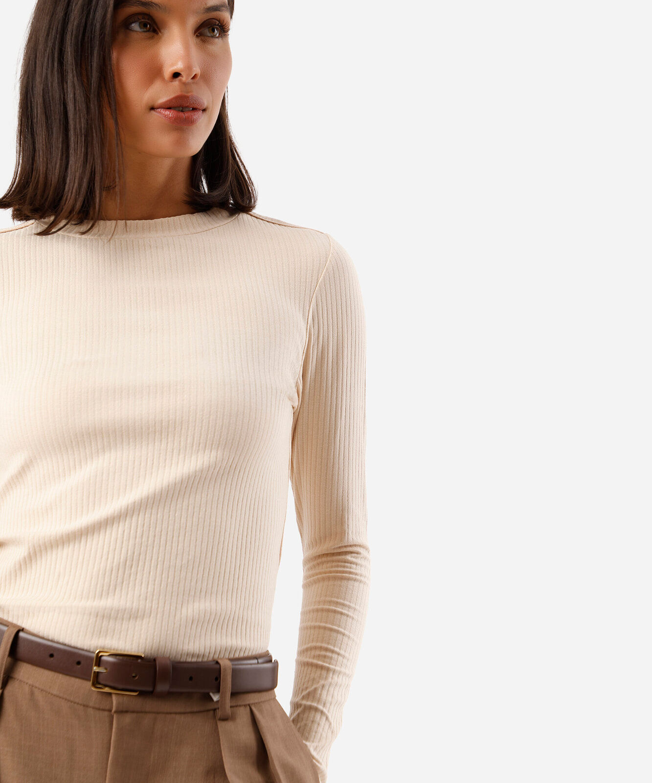 blusa feminina de viscose manga longa canelada bege
