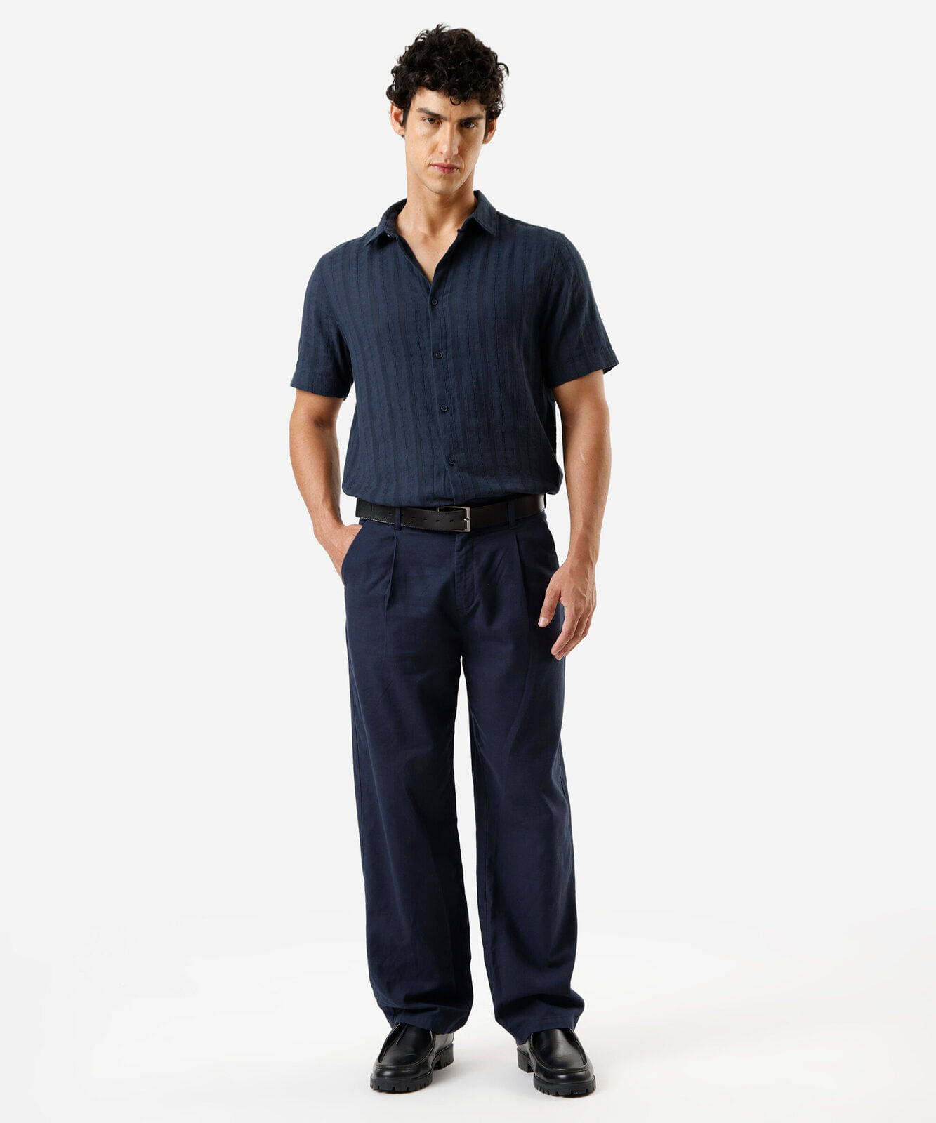 camisa masculina algodão manga curta - azul marinho