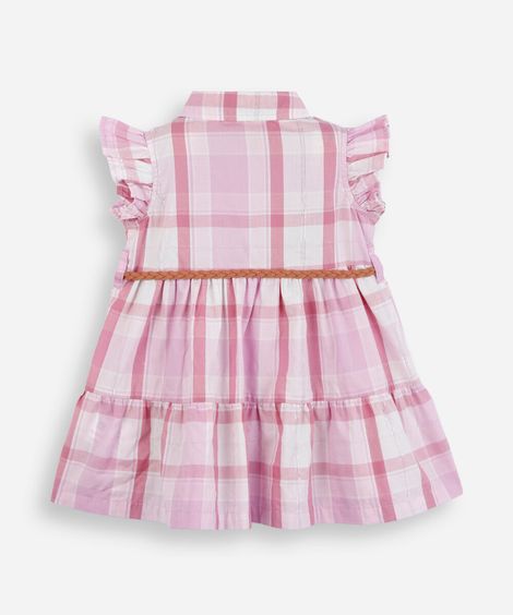 vestido infantil com babados e cinto xadrez rosa