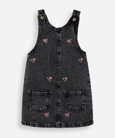 salopete infantil jeans com bordado floral preta