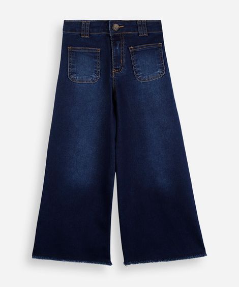 calça wide leg infantil jeans com barra desfiada azul