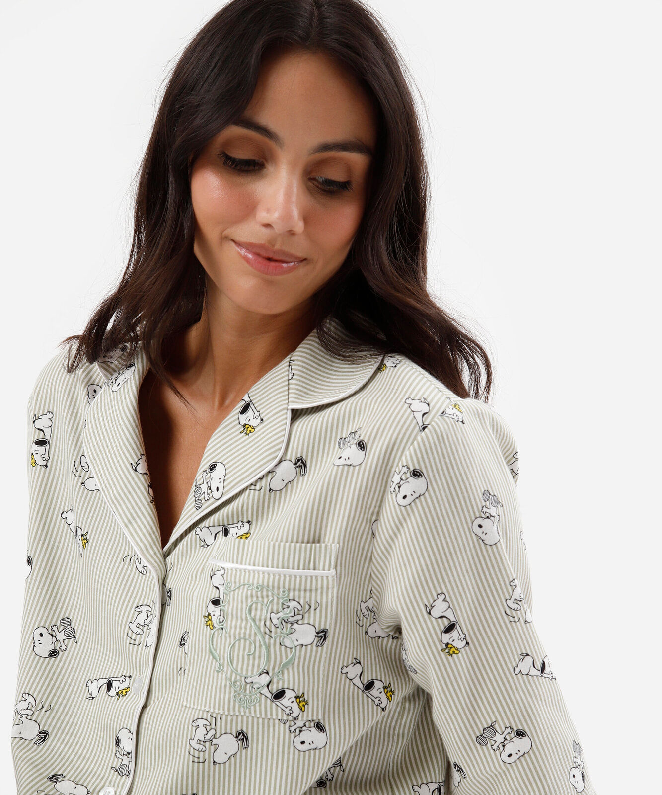 pijama longo americano feminino de algodão snoopy listrado verde