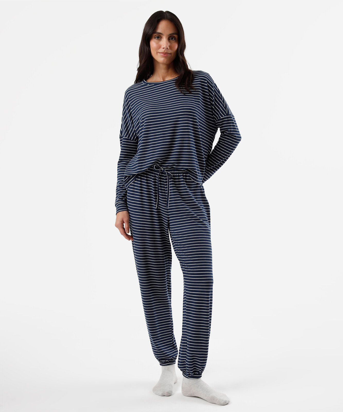 pijama longo feminino com viscose listrado azul