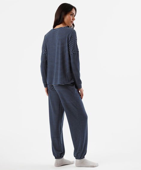 pijama longo feminino com viscose listrado azul