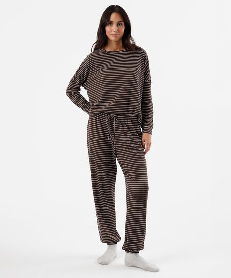 pijama longo feminino com viscose listrado marrom