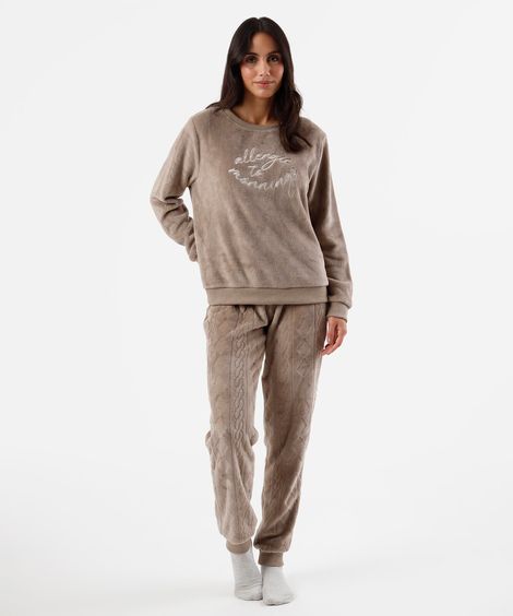 pijama longo feminino em fleece com bordado texturizado bege