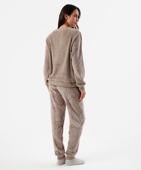 pijama longo feminino em fleece com bordado texturizado bege