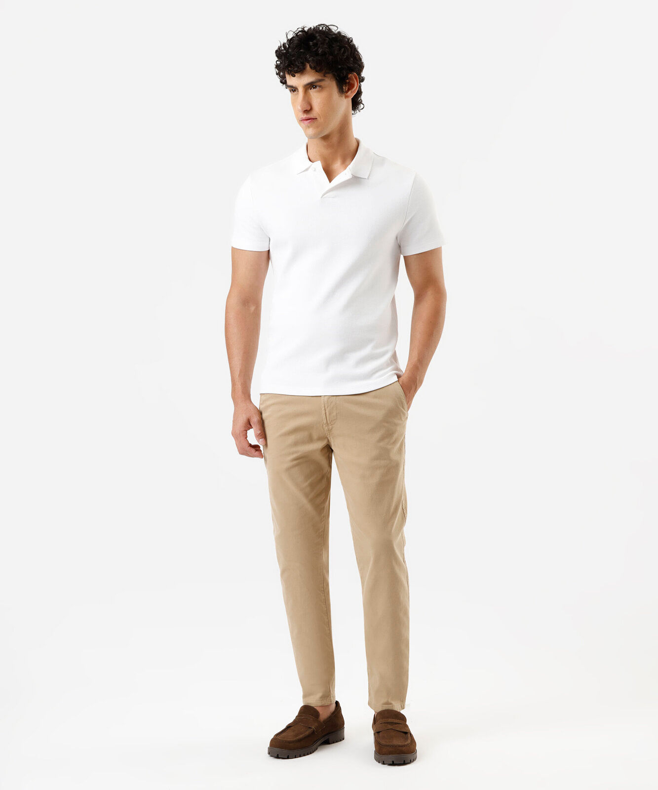 calça slim chino masculina de sarja bege