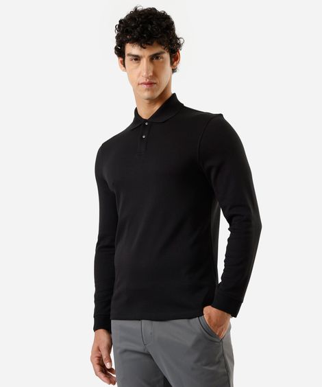 polo slim fit masculina de algodão manga longa preta