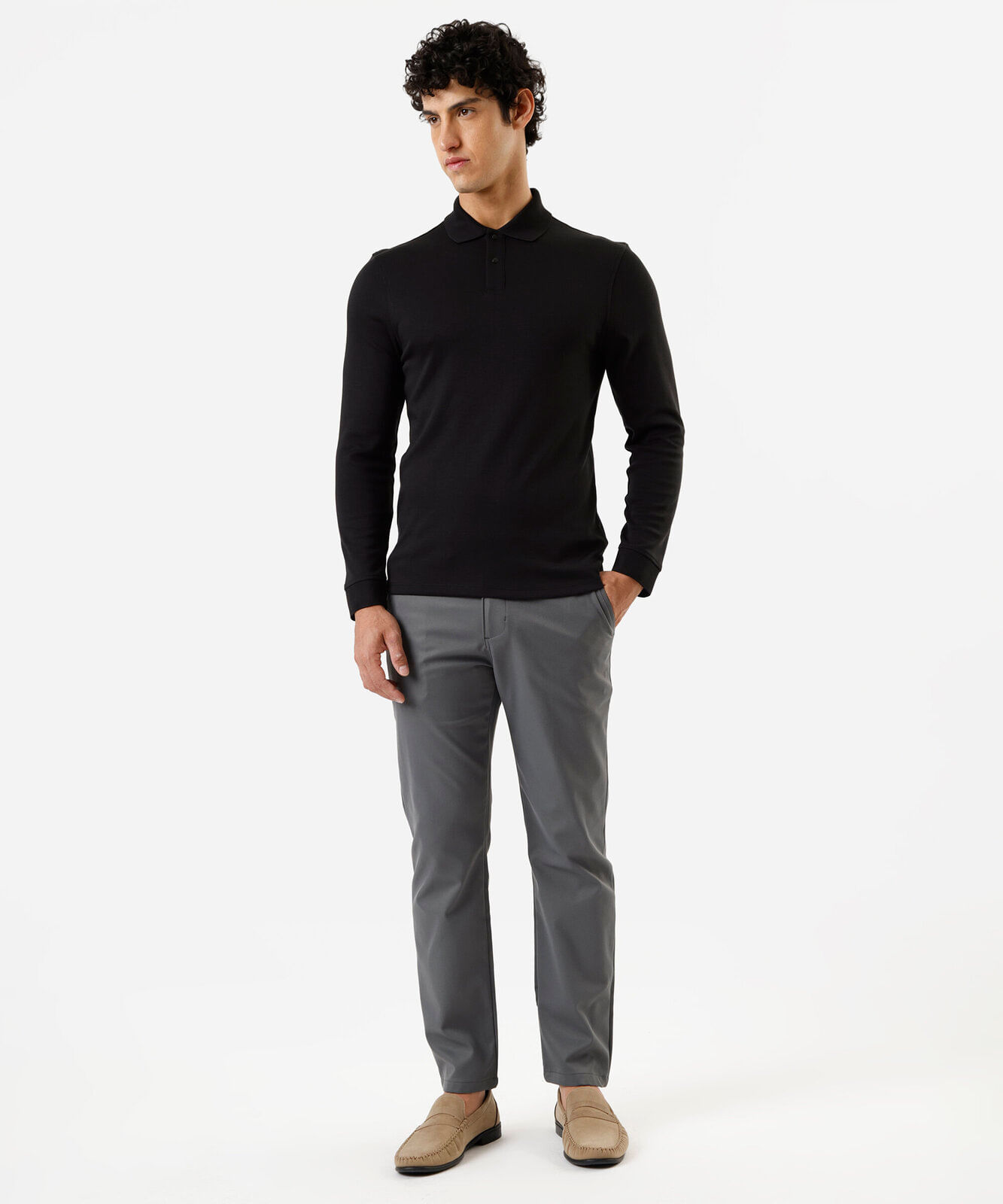 polo slim fit masculina de algodão manga longa preta